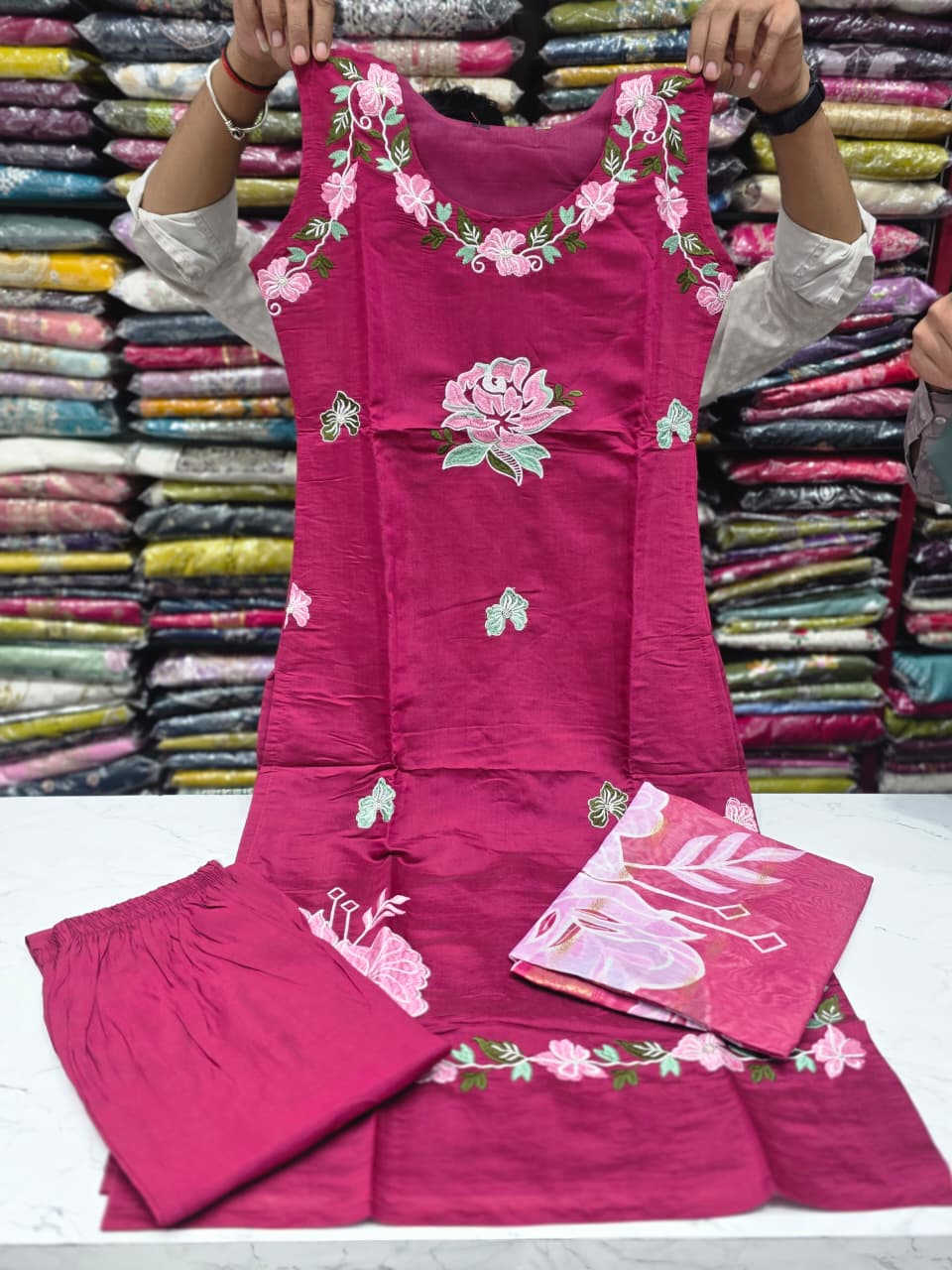 Rani Pink Embroidered Mul Chanderi Silk Suit Set with Floral Dupatta  KPS002 Rani Pink