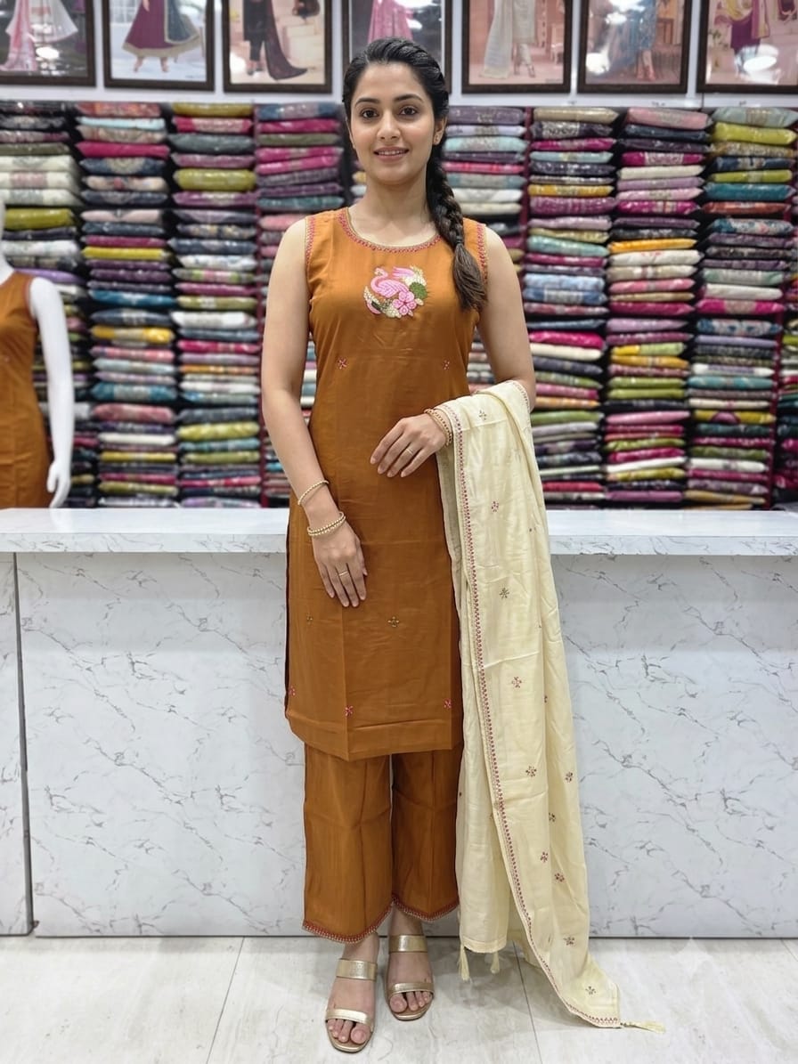 Premium Mul Chanderi Silk Embroidered Kurta Pant Set with Dupatta – Rust Brown  KPS001 Rust