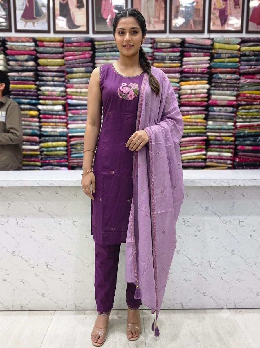 Premium Mul Chanderi Silk Embroidered Kurta Pant Set with Dupatta – Purple & Lavender  KPS001 Purple