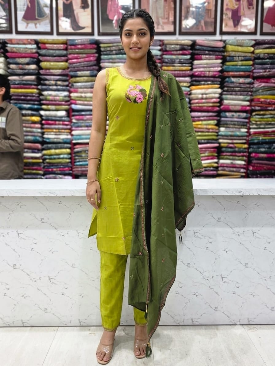 Premium Mul Chanderi Silk Embroidered Kurta Pant Set with Dupatta – Parrot Green    KPS001 Green