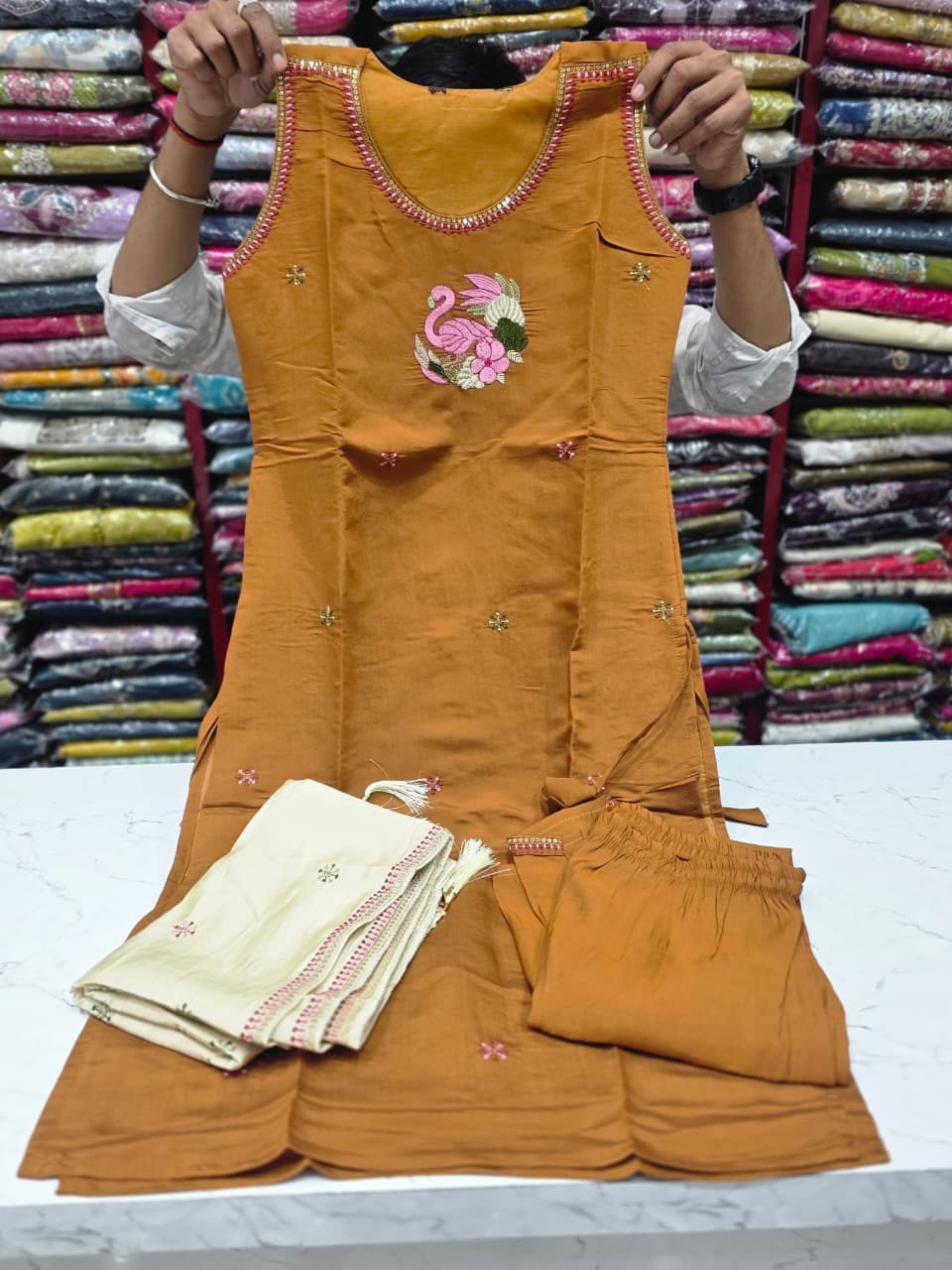 Premium Mul Chanderi Silk Embroidered Kurta Pant Set with Dupatta – Rust Brown  KPS001 Rust