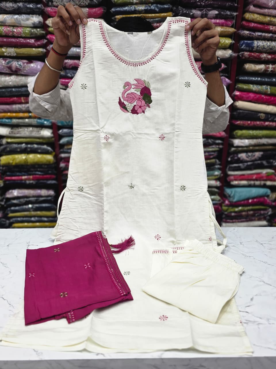 Premium Mul Chanderi Silk Embroidered Kurta Pant Set with Dupatta – Pure White & Magenta   KPS001 White