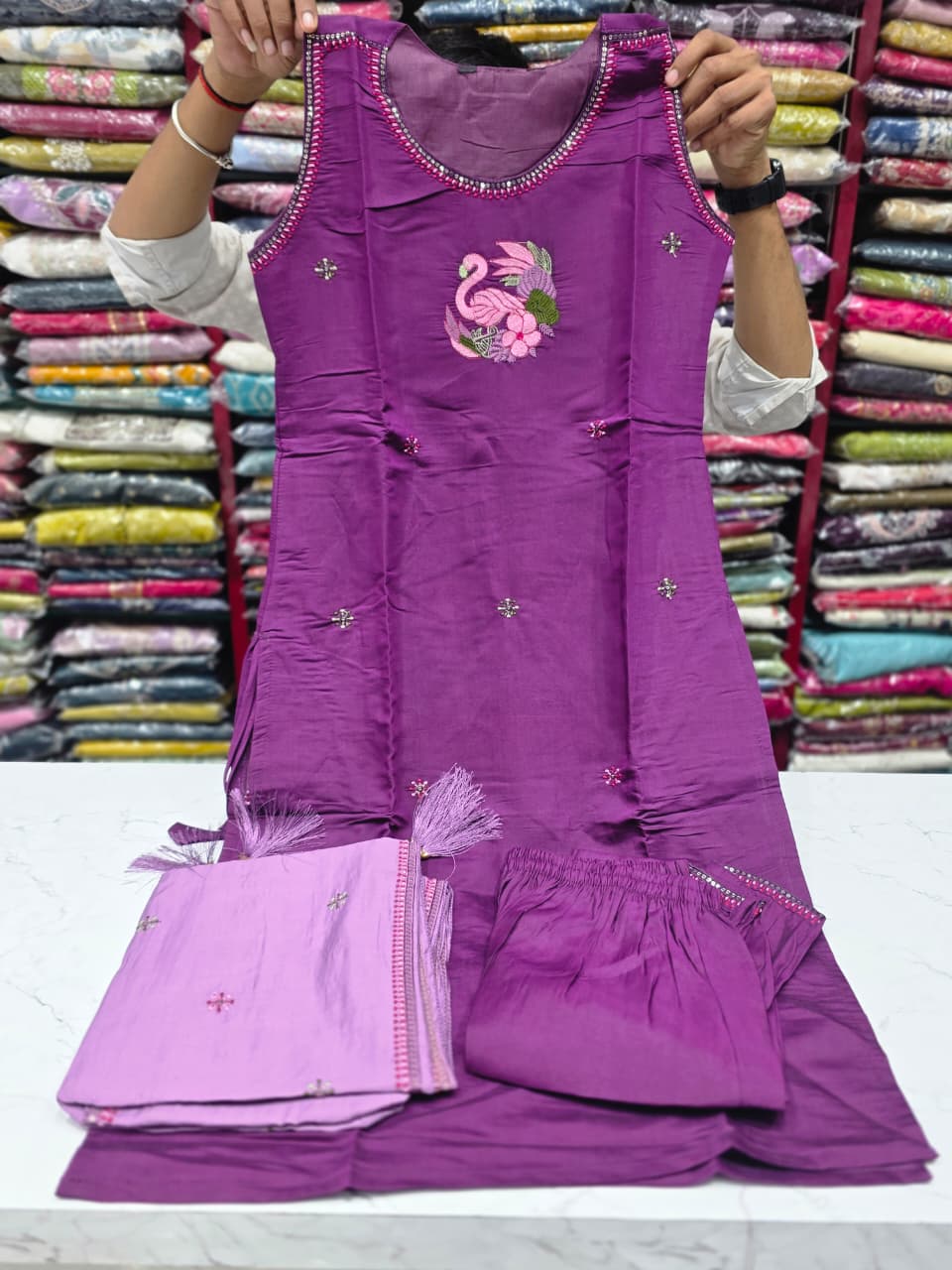 Premium Mul Chanderi Silk Embroidered Kurta Pant Set with Dupatta – Purple & Lavender  KPS001 Purple