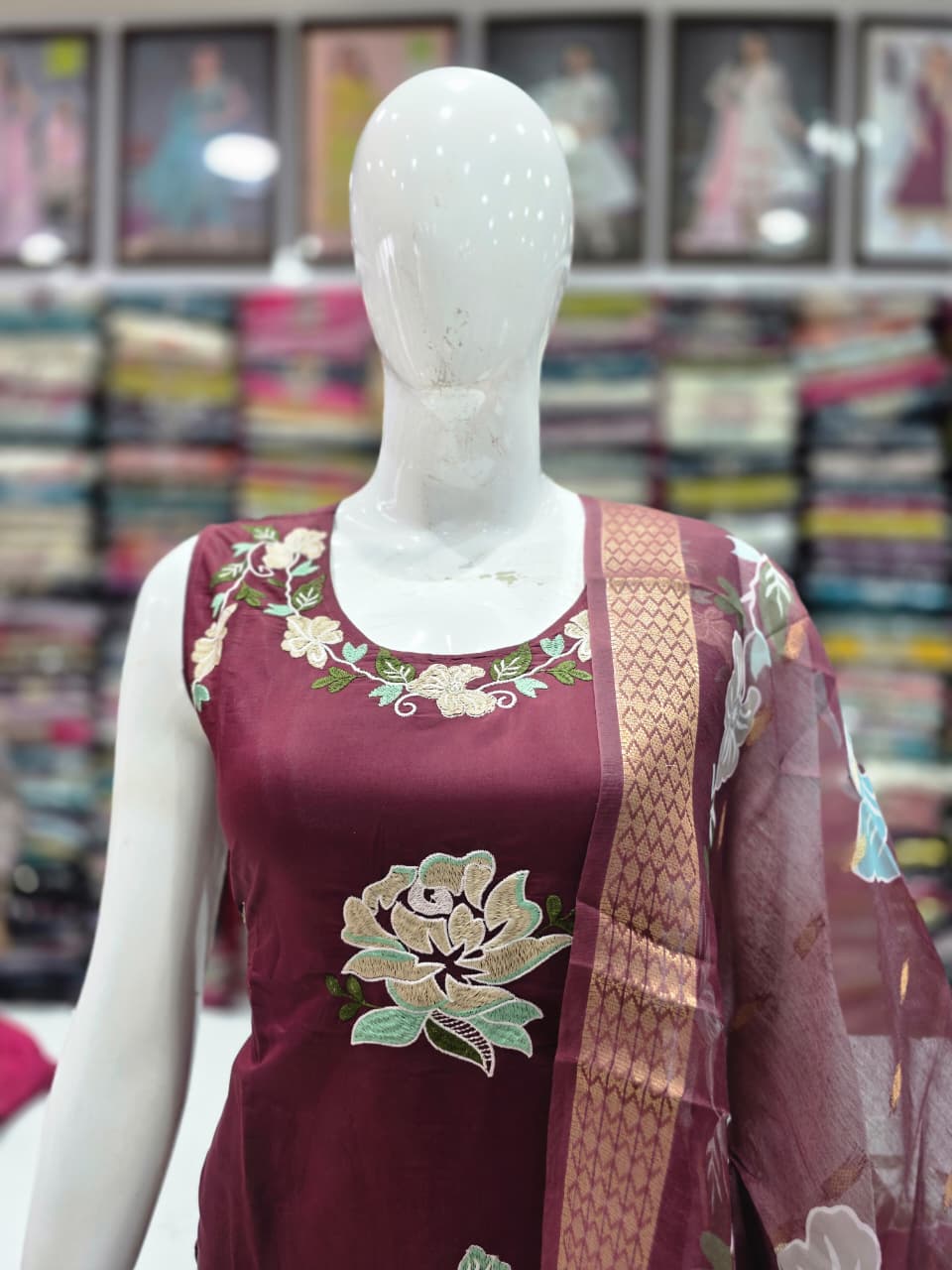 Wine Maroon Embroidered Mul Chanderi Silk Suit Set with Printed Dupatta  KPS002