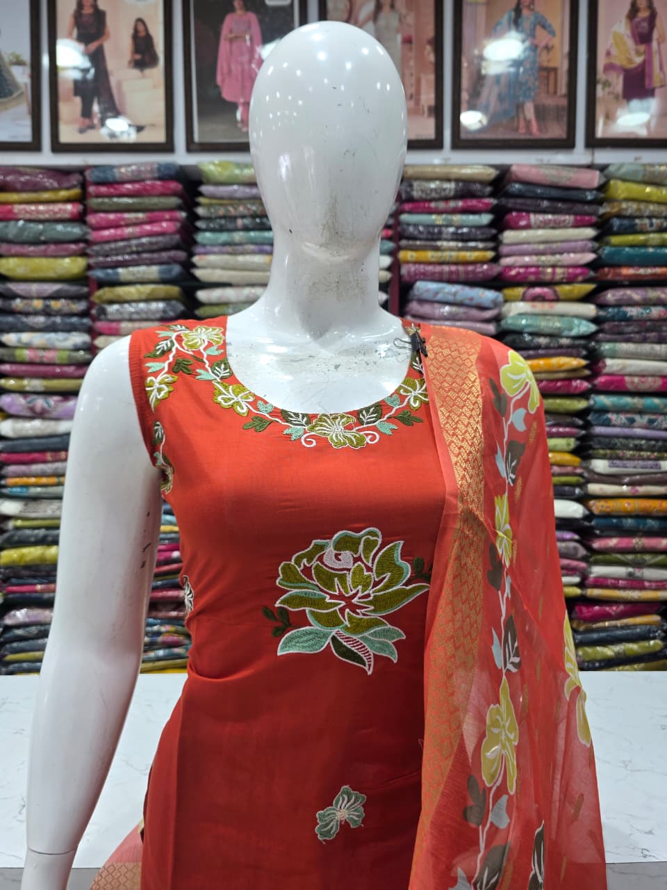 Rust Orange Embroidered Mul Chanderi Silk Suit Set with Floral Printed Dupatta   KPS002 Orange