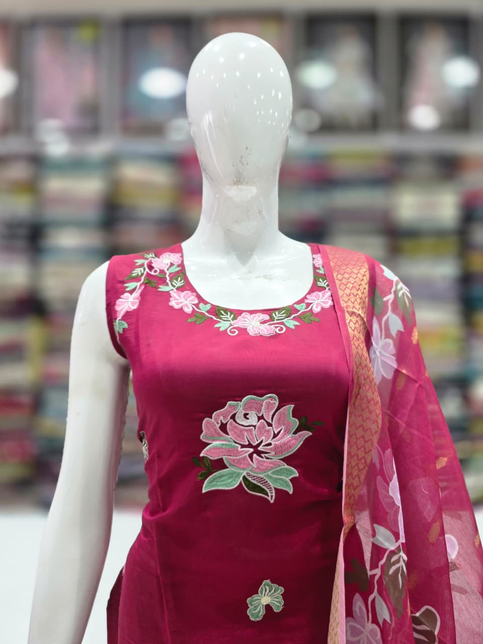 Rani Pink Embroidered Mul Chanderi Silk Suit Set with Floral Dupatta  KPS002 Rani Pink
