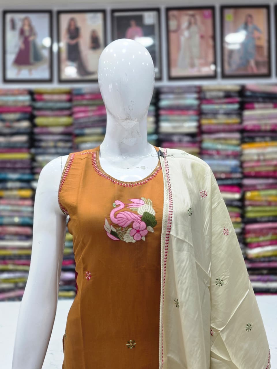 Premium Mul Chanderi Silk Embroidered Kurta Pant Set with Dupatta – Rust Brown  KPS001 Rust