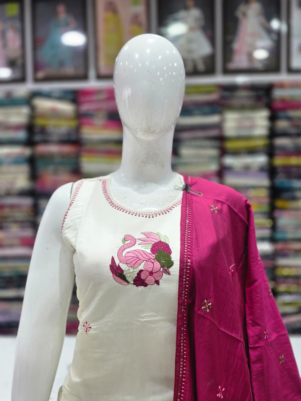 Premium Mul Chanderi Silk Embroidered Kurta Pant Set with Dupatta – Pure White & Magenta   KPS001 White