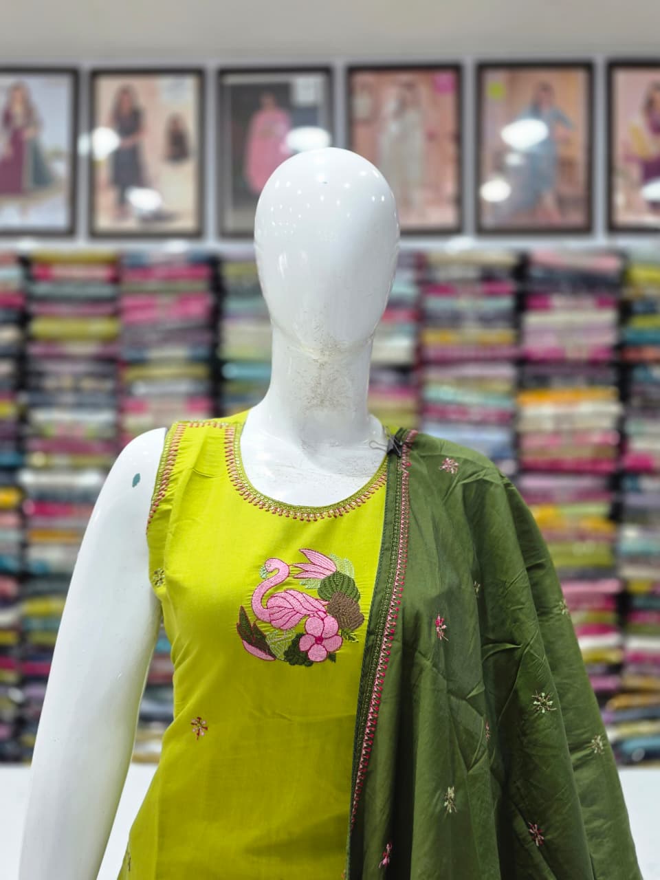 Premium Mul Chanderi Silk Embroidered Kurta Pant Set with Dupatta – Parrot Green    KPS001 Green