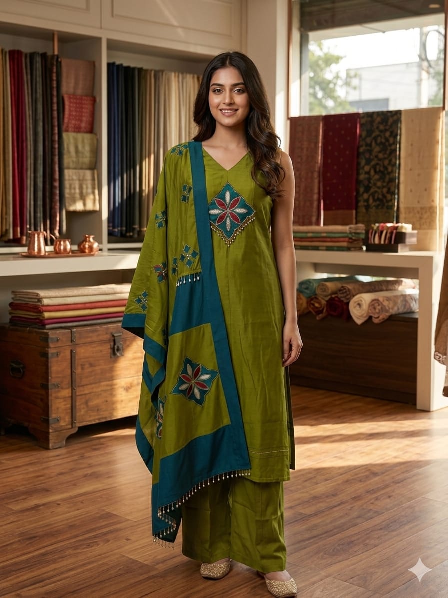 Olive Green Embroidered Mul Chanderi Kurta Palazzo Set with Dupatta  AD0001 Green