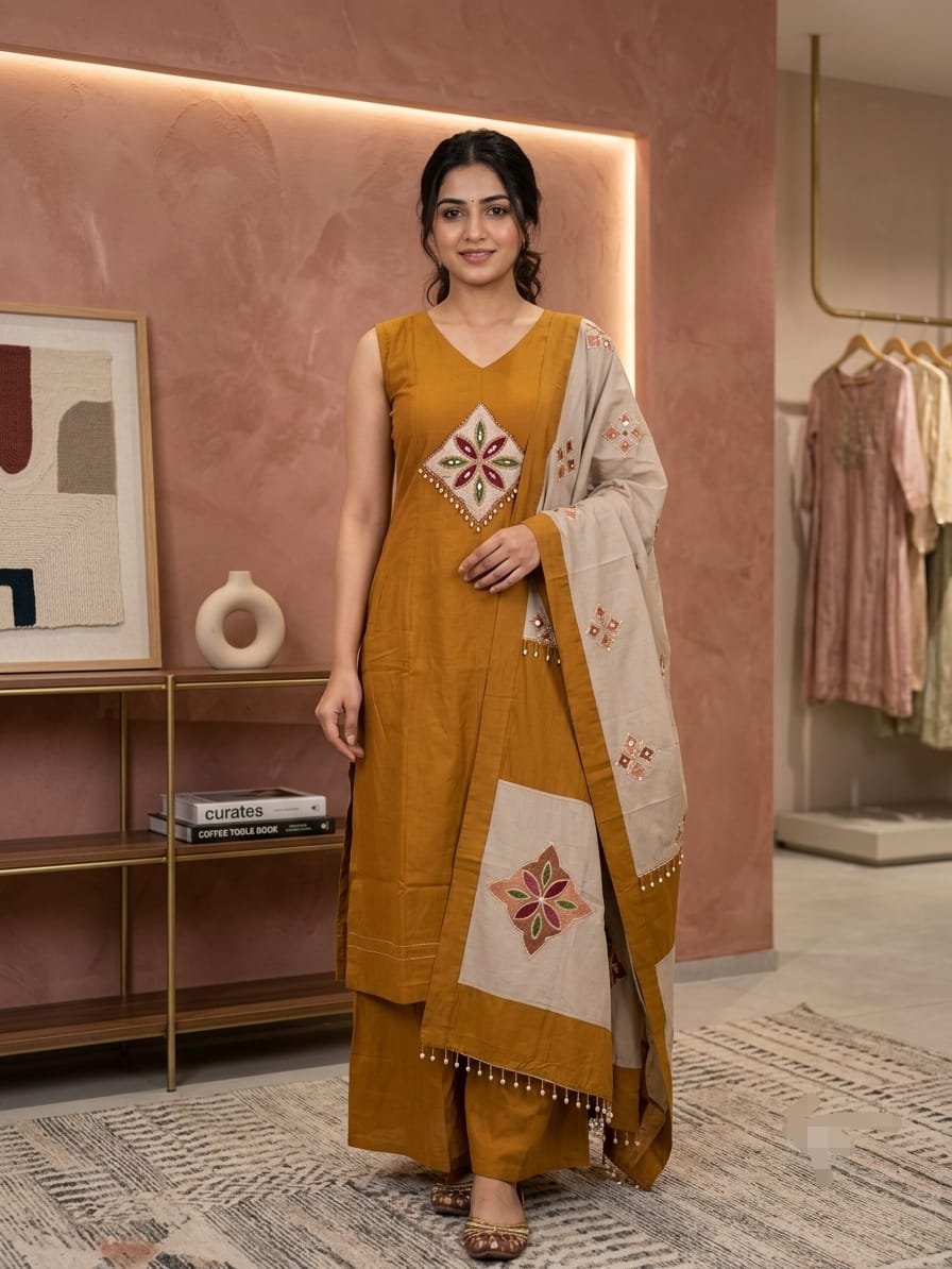 Rust Embroidered Mul Chanderi Kurta Palazzo Set with Dupatta  AD0001 Rust