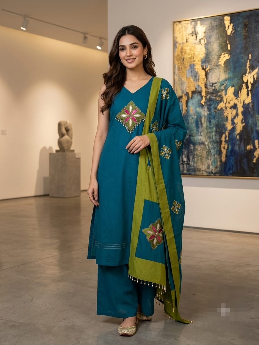 Teal Blue Embroidered Mul Chanderi Kurta Palazzo Set with Dupatta  AD0001 Blue