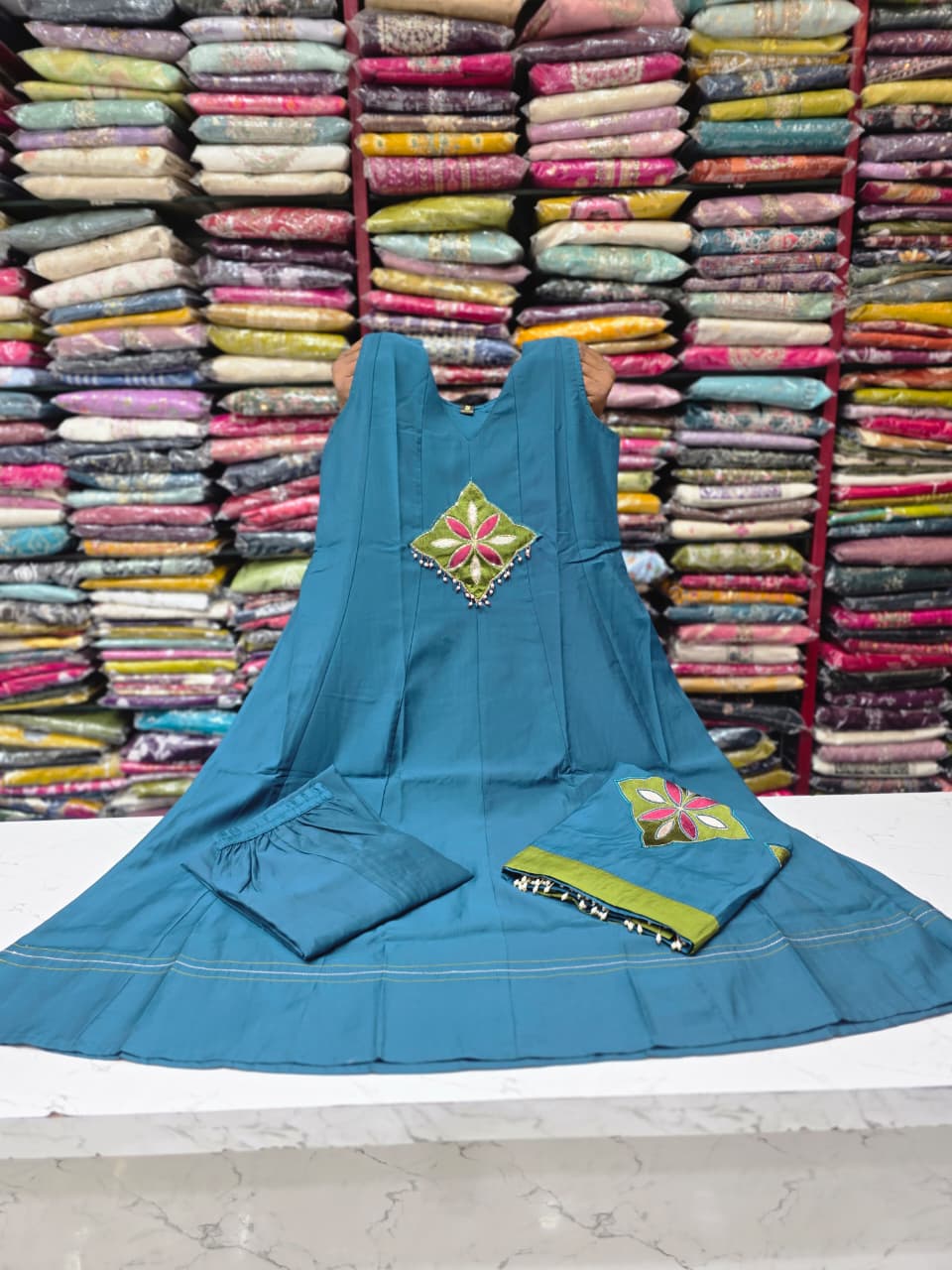 Teal Blue Embroidered Mul Chanderi Kurta Palazzo Set with Dupatta  AD0001 Blue