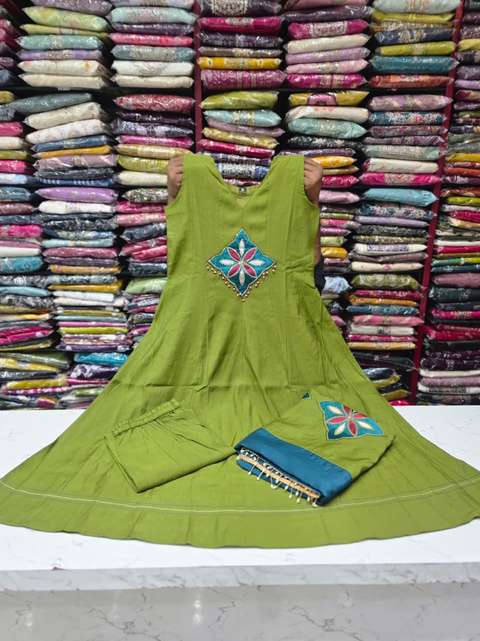 Olive Green Embroidered Mul Chanderi Kurta Palazzo Set with Dupatta  AD0001 Green