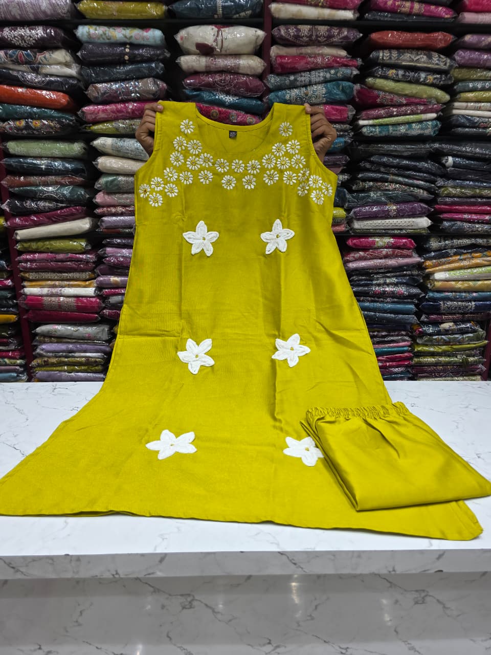 Women's Vetican Soft Fabric Floral Applique Kurta Pant Set | Sleeveless Ethnic Co-ord Set | 5 Colours Available