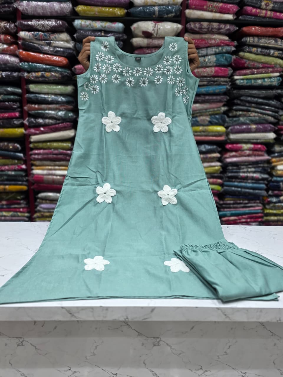 Women's Vetican Soft Fabric Floral Applique Kurta Pant Set | Sleeveless Ethnic Co-ord Set | 5 Colours Available
