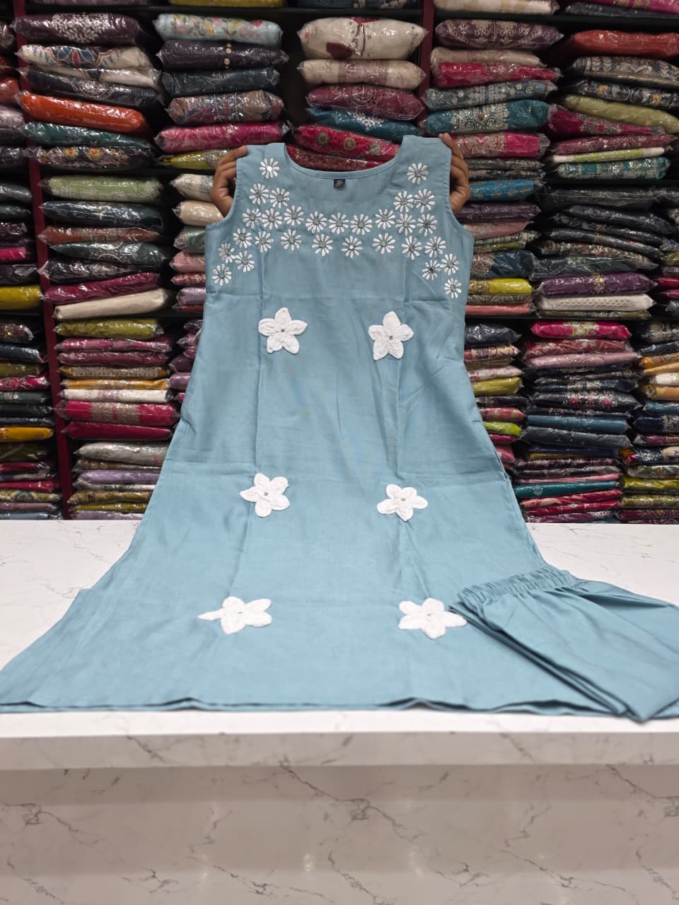 Women's Vetican Soft Fabric Floral Applique Kurta Pant Set | Sleeveless Ethnic Co-ord Set | 5 Colours Available