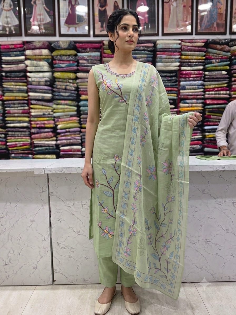 Pista Green Embroidered Kurta Pant with Printed Dupatta | Women's Elegant 3-Piece Suit Set